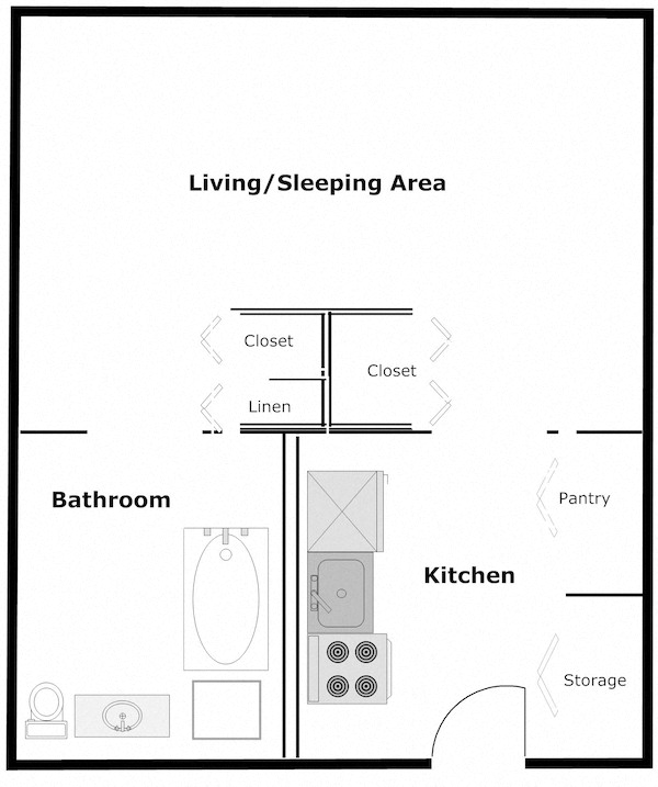Floor plan for studio, 1 bath, 414 sqft
